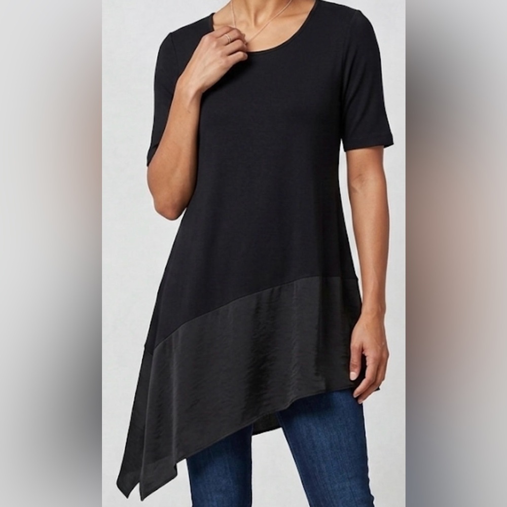 LOGO Lori Goldstein Black Lagenlook shark bite hem Asymmetrical Knit Tunic XXS